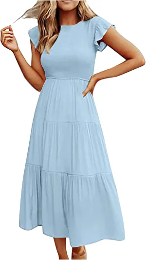 Womens 2023 Summer Casual Flutter Short Sleeve Long Dresses Crew Neck Smocked Elastic Waist Tiered Midi Dress