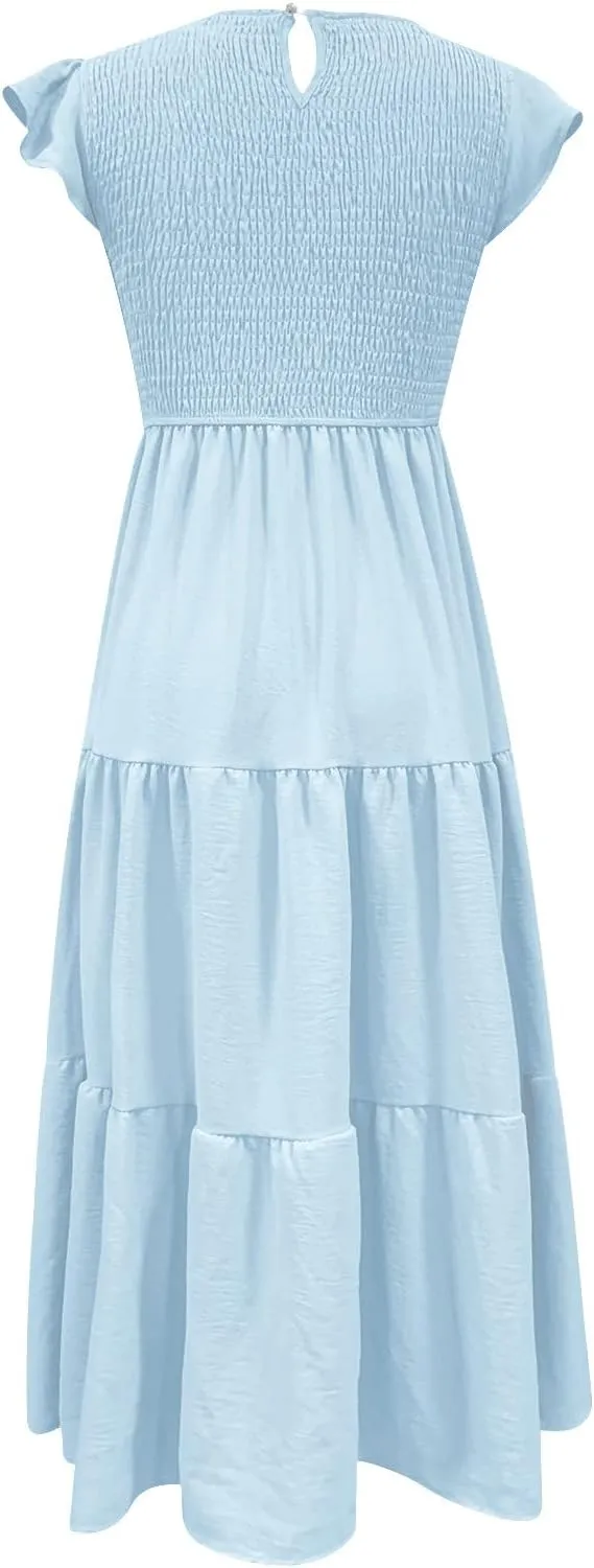 Womens 2023 Summer Casual Flutter Short Sleeve Long Dresses Crew Neck Smocked Elastic Waist Tiered Midi Dress