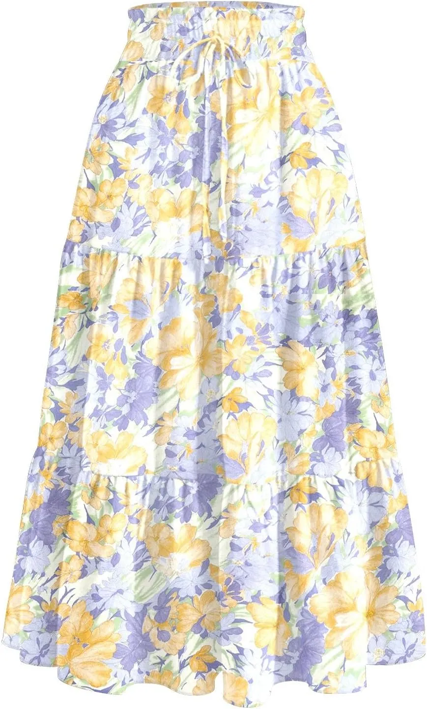 Women's 2025 Spring Summer High Waist Boho Floral Casual Flowy A Line Beach Long Skirts, S-2XL