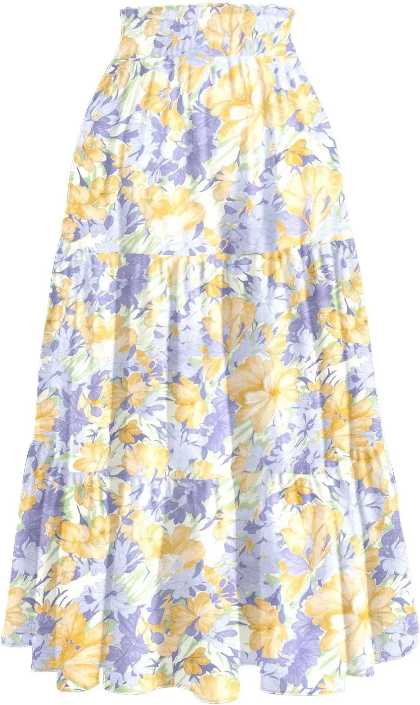 Women's 2025 Spring Summer High Waist Boho Floral Casual Flowy A Line Beach Long Skirts, S-2XL