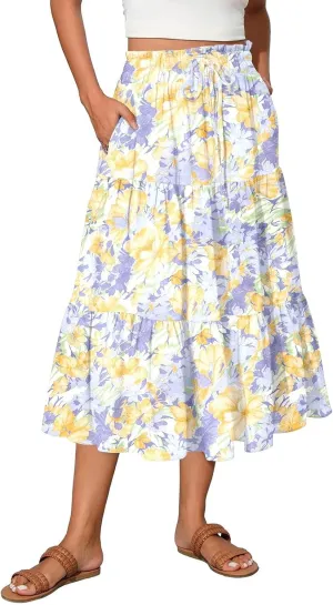 Women's 2025 Spring Summer High Waist Boho Floral Casual Flowy A Line Beach Long Skirts, S-2XL