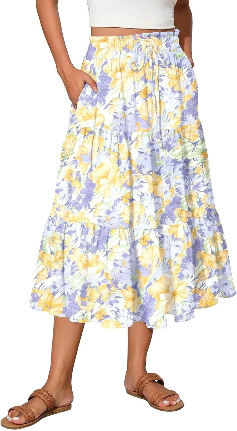 Women's 2025 Spring Summer High Waist Boho Floral Casual Flowy A Line Beach Long Skirts, S-2XL