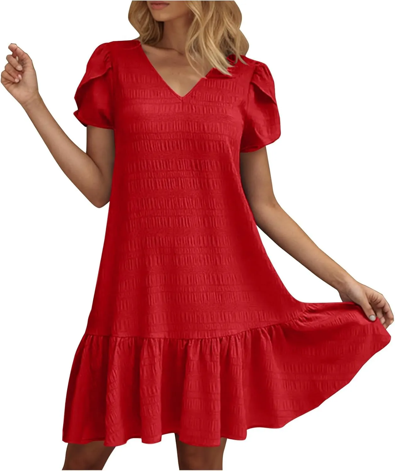 Womens 2025 Summer Boho Dresses Casual V Neck Flowy Beach Sundresses Rolled Short Sleeve Ruffle A Line Mini Dress