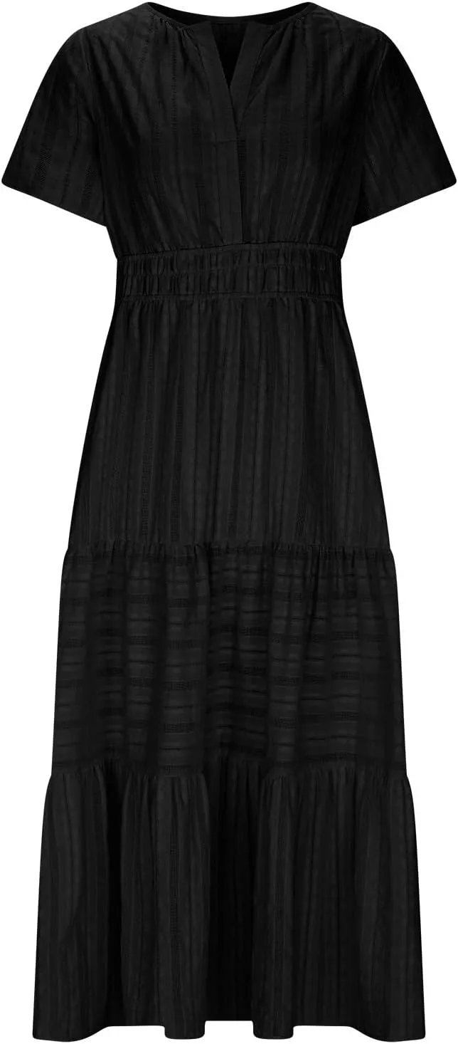 Womens 2025 Summer Casual Midi Dresses Casual Short Sleeve V Neck Elastic Waist Boho Beach Dress with Pockets