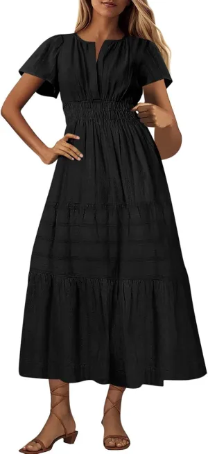 Womens 2025 Summer Casual Midi Dresses Casual Short Sleeve V Neck Elastic Waist Boho Beach Dress with Pockets
