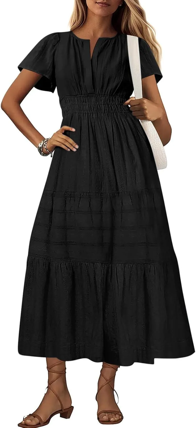 Womens 2025 Summer Casual Midi Dresses Casual Short Sleeve V Neck Elastic Waist Boho Beach Dress with Pockets