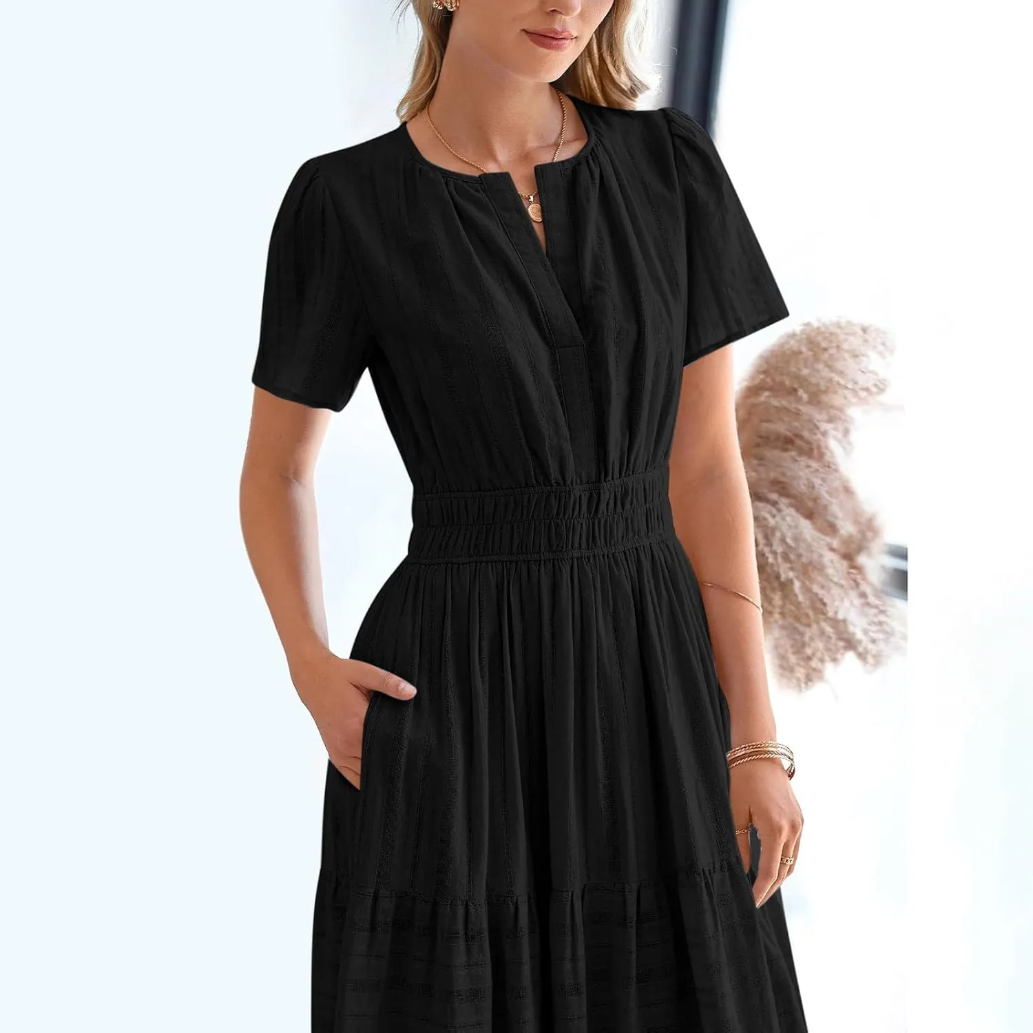 Womens 2025 Summer Casual Midi Dresses Casual Short Sleeve V Neck Elastic Waist Boho Beach Dress with Pockets