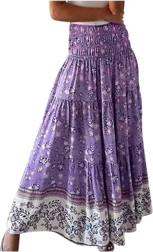 Womens Boho Floral Print Maxi Skirt Summer High Waist A-Line Beach Skirts Lightweight Flowy Vacation Long Skirt