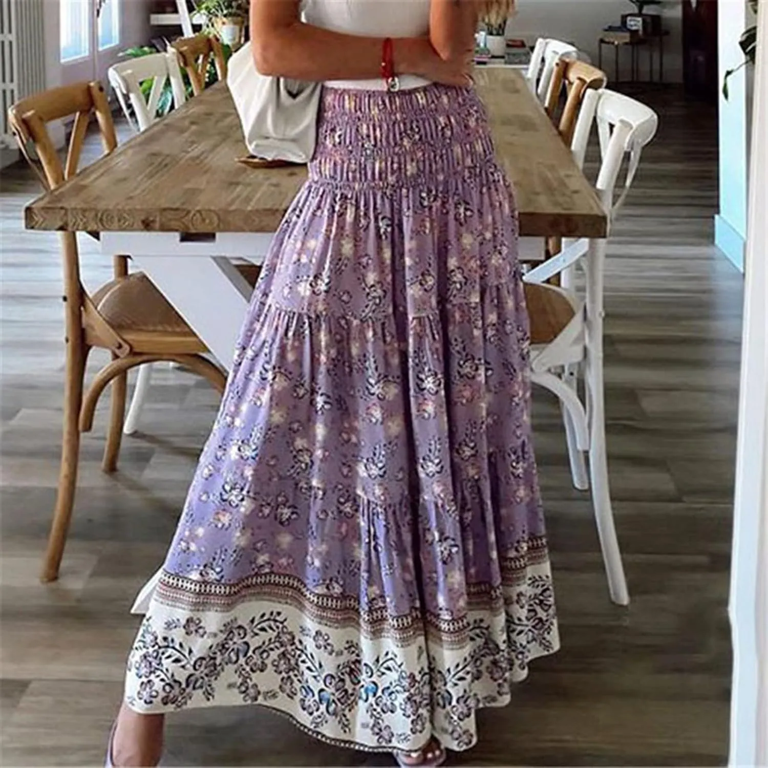Womens Boho Floral Print Maxi Skirt Summer High Waist A-Line Beach Skirts Lightweight Flowy Vacation Long Skirt
