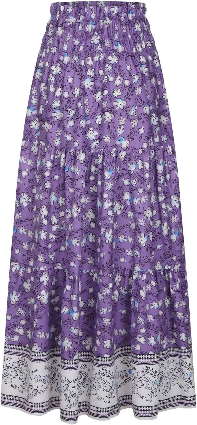 Womens Boho Floral Print Maxi Skirt Summer High Waist A-Line Beach Skirts Lightweight Flowy Vacation Long Skirt