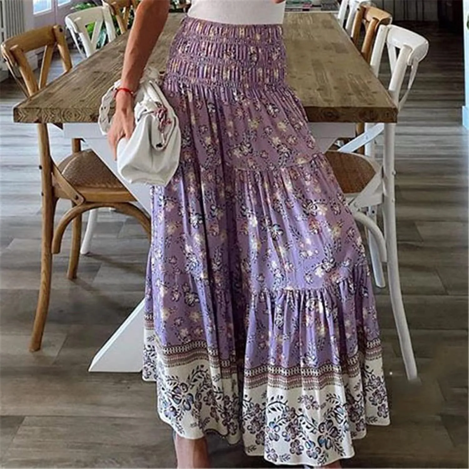 Womens Boho Floral Print Maxi Skirt Summer High Waist A-Line Beach Skirts Lightweight Flowy Vacation Long Skirt
