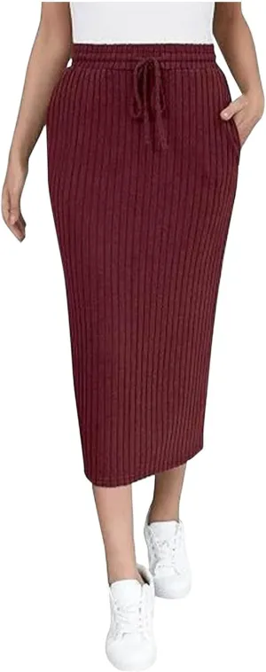 Women's Business Ribbed Knit Midi Skirts High Waist Drawstring Bodycon Skirt Fashion Slim Fit Work Office Skirts