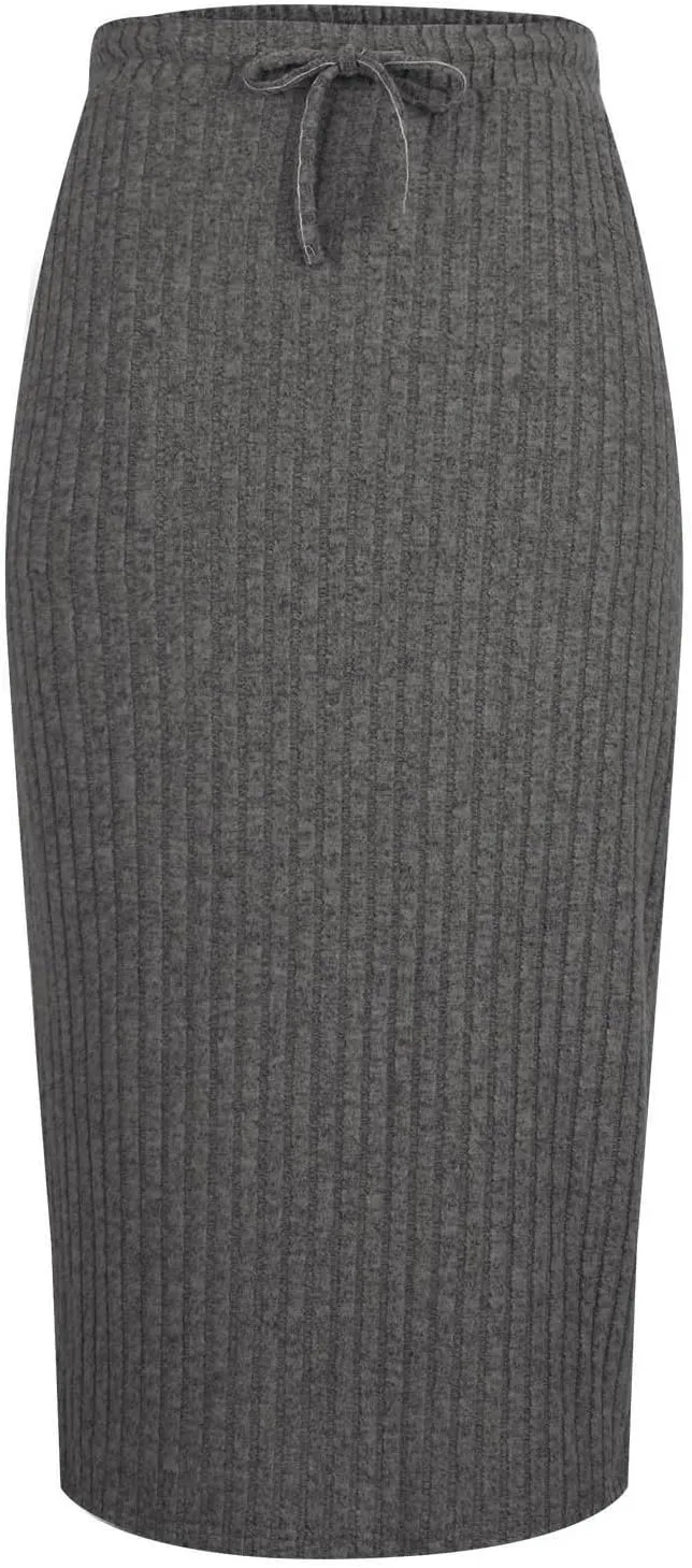 Women's Business Ribbed Knit Midi Skirts High Waist Drawstring Bodycon Skirt Fashion Slim Fit Work Office Skirts