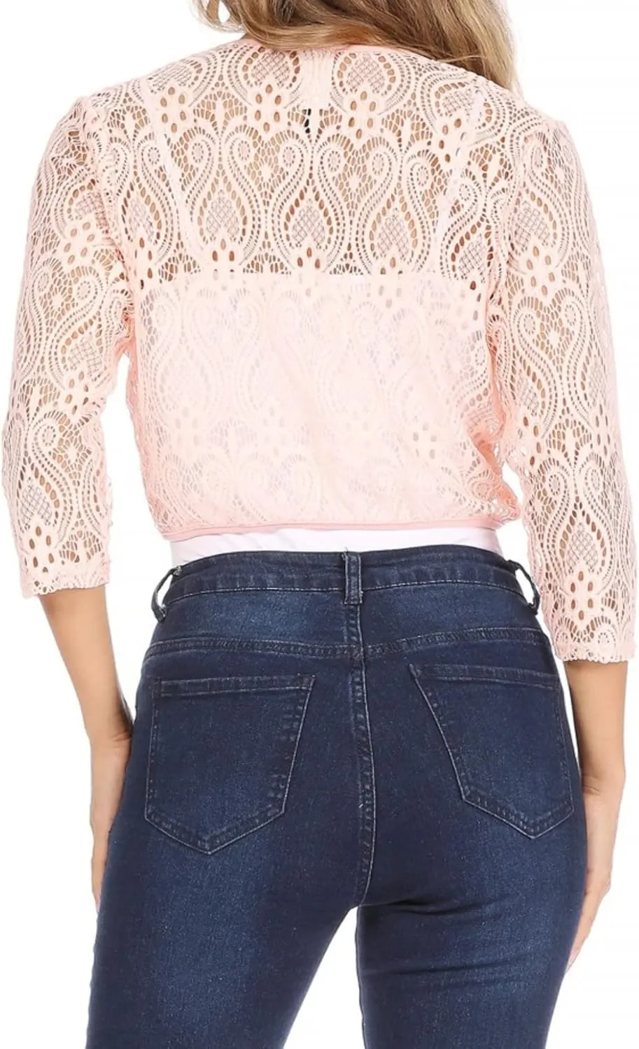 Women's Casual Lace Bolero Crochet Open Cardigan 3/4 Sleeve Sheer Cover Up Jacket