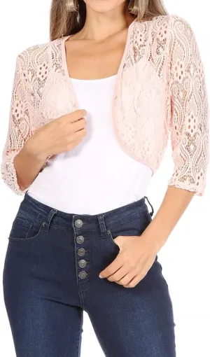 Women's Casual Lace Bolero Crochet Open Cardigan 3/4 Sleeve Sheer Cover Up Jacket