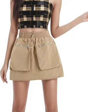 Womens Casual Summer High Waisted Bodycon Mini Skirts Side Drawstring Cargo Skirt with Pockets Plaid Skirt