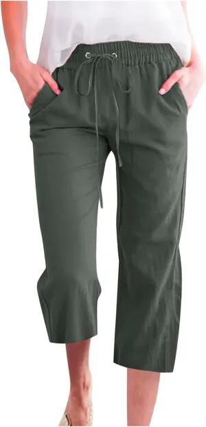 Women's Cropped Trousers Cotton and Linen High Waist Drawstring Double Pocket Summer Casual Soft Holiday Pants