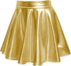 Women's Faux Leather Pleated Flared Skirt High Waist Dance Skate Mini Skirts Nightclub Rave Party A-Line Skirts