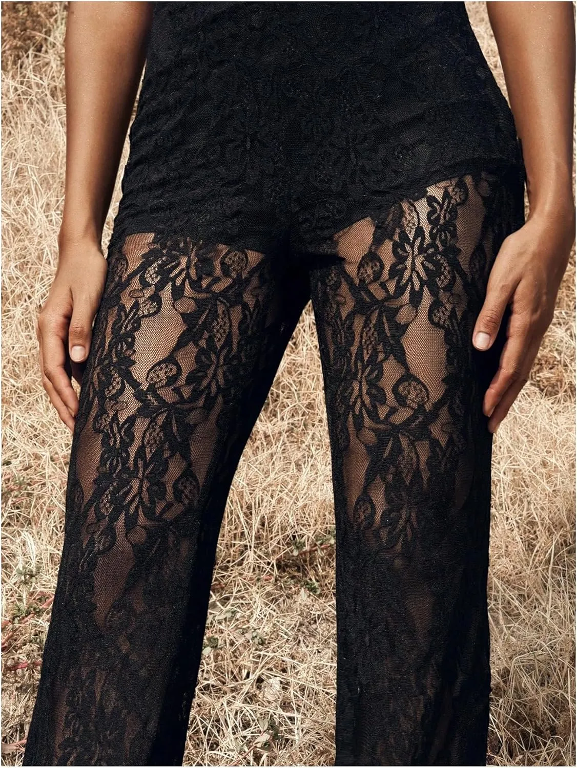 Women's Floral Lace Sheer Mesh Flare Pants Elastic High Waisted Long Trousers