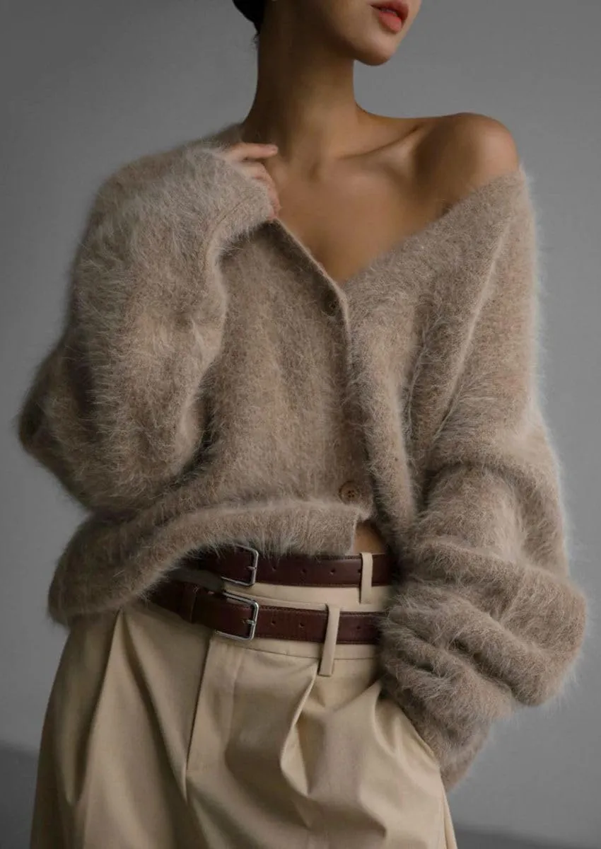 Women's Fuzzy Knit Cardigan Button Down V Neck Oversized Slouchy Furry Sweater Coat Outwear