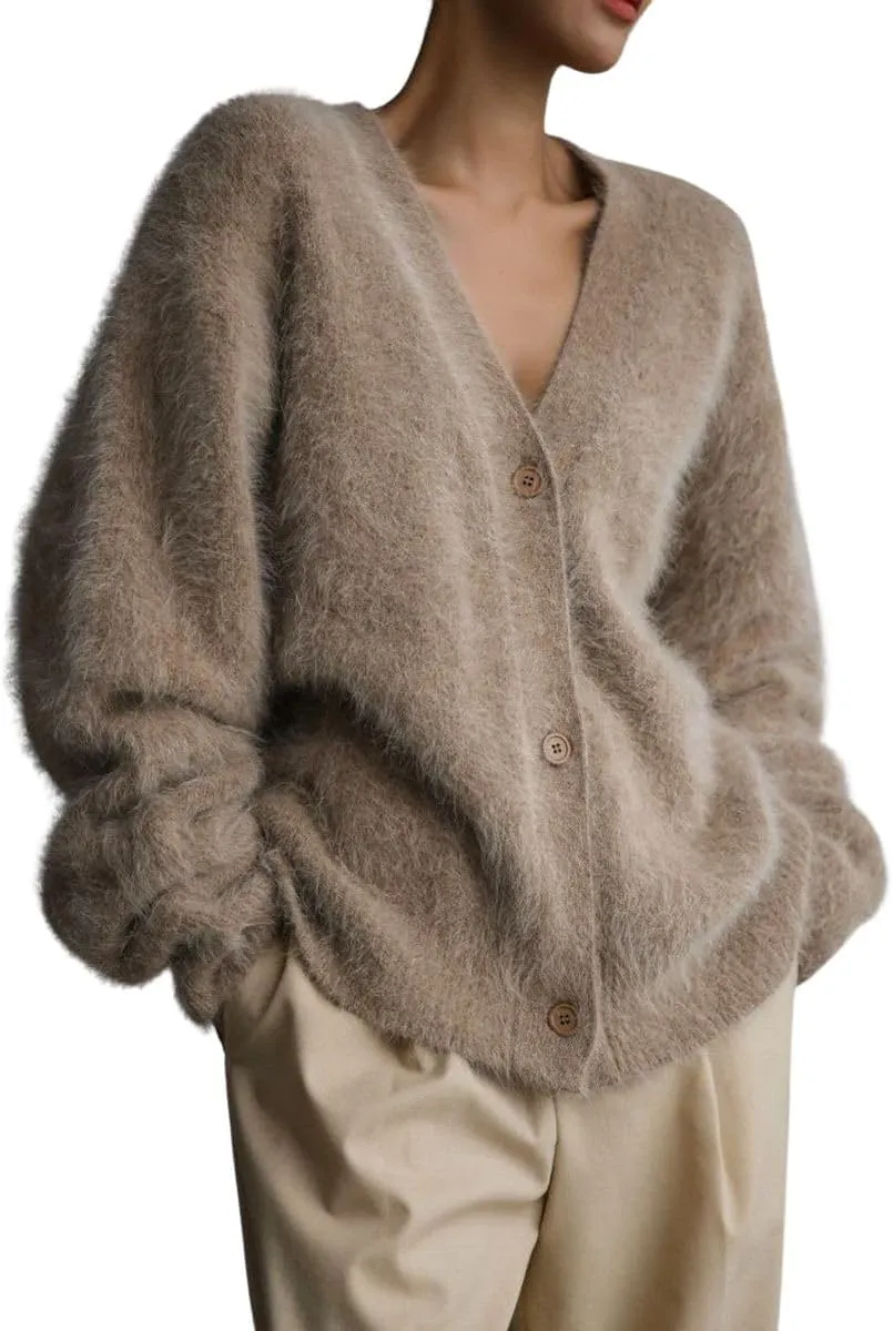 Women's Fuzzy Knit Cardigan Button Down V Neck Oversized Slouchy Furry Sweater Coat Outwear