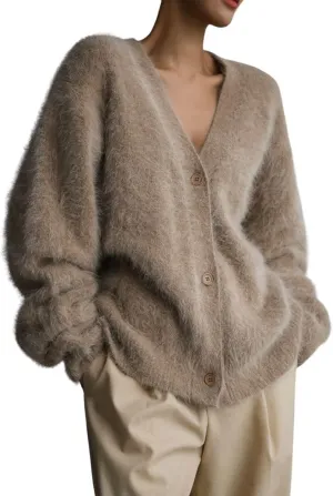 Women's Fuzzy Knit Cardigan Button Down V Neck Oversized Slouchy Furry Sweater Coat Outwear