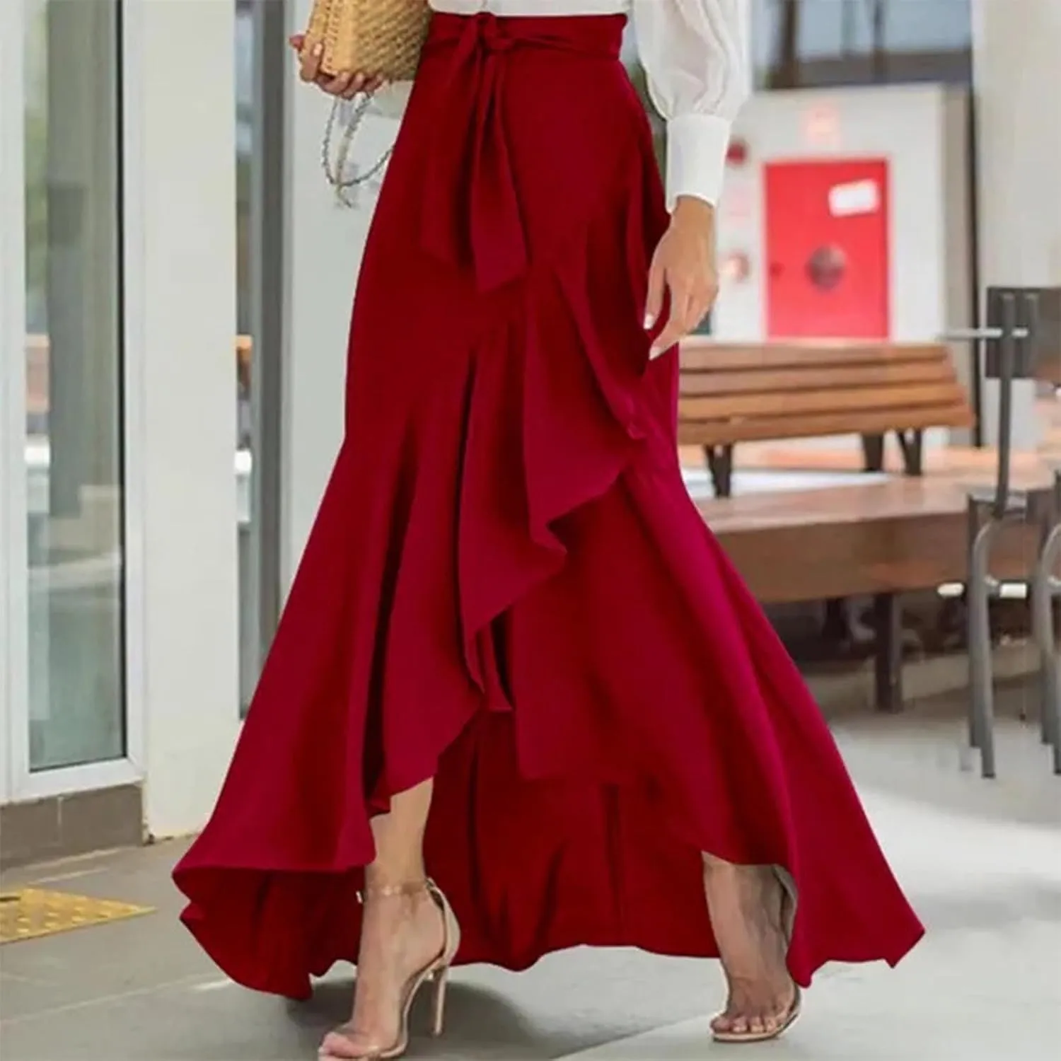 Women's Mermaid Maxi Skirt Summer Fashion Tie Waist Irregular Ruffle Hem Beach Skirts Casual Wrap Party Long Skorts