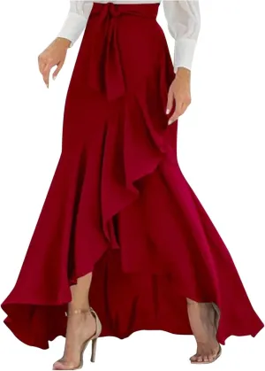 Women's Mermaid Maxi Skirt Summer Fashion Tie Waist Irregular Ruffle Hem Beach Skirts Casual Wrap Party Long Skorts