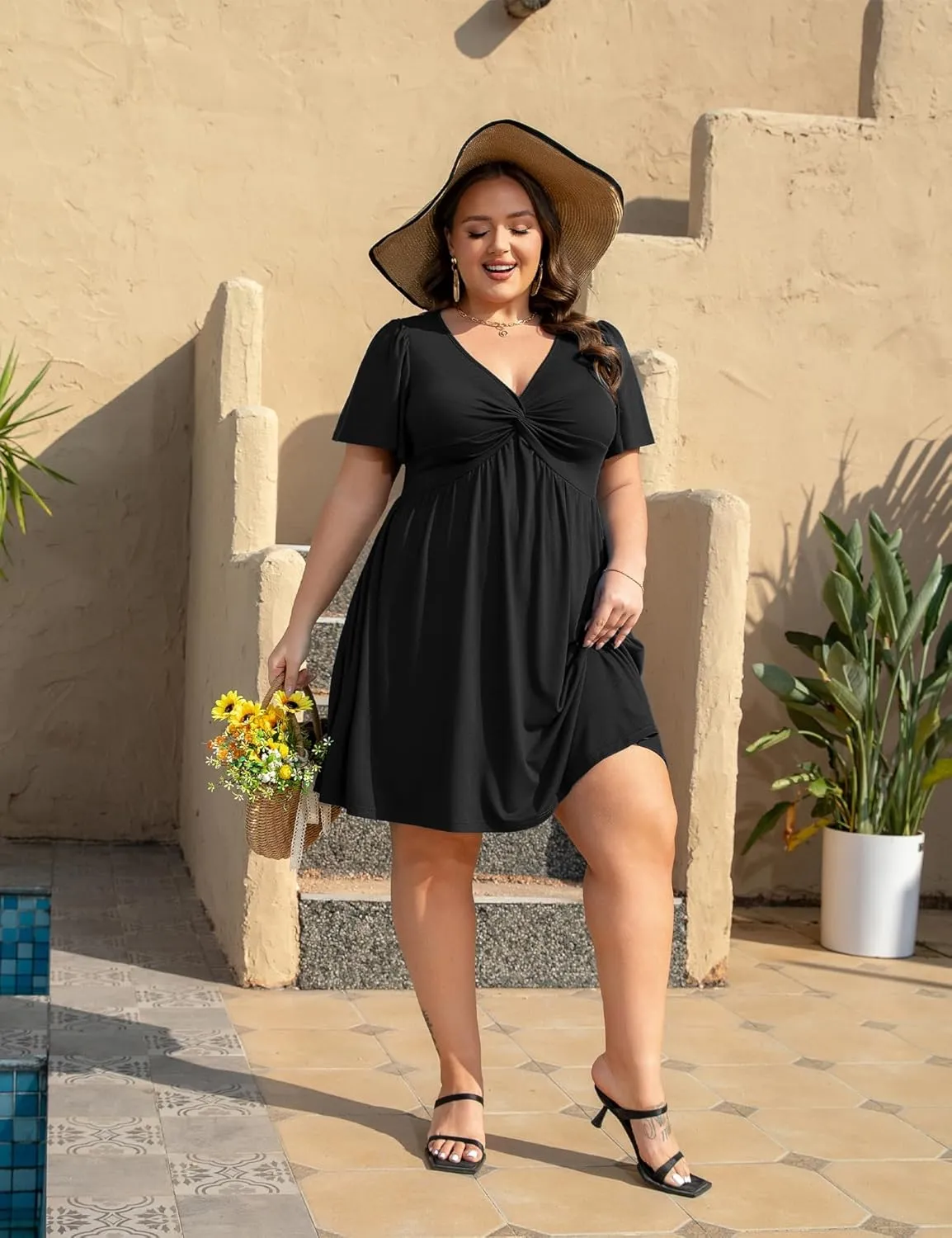Womens Plus Size Summer Dress Casual Short Sleeves Deep V Neck Twist Knot Front Flowy Dress with Pocket