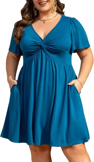 Womens Plus Size Summer Dress Casual Short Sleeves Deep V Neck Twist Knot Front Flowy Dress with Pocket
