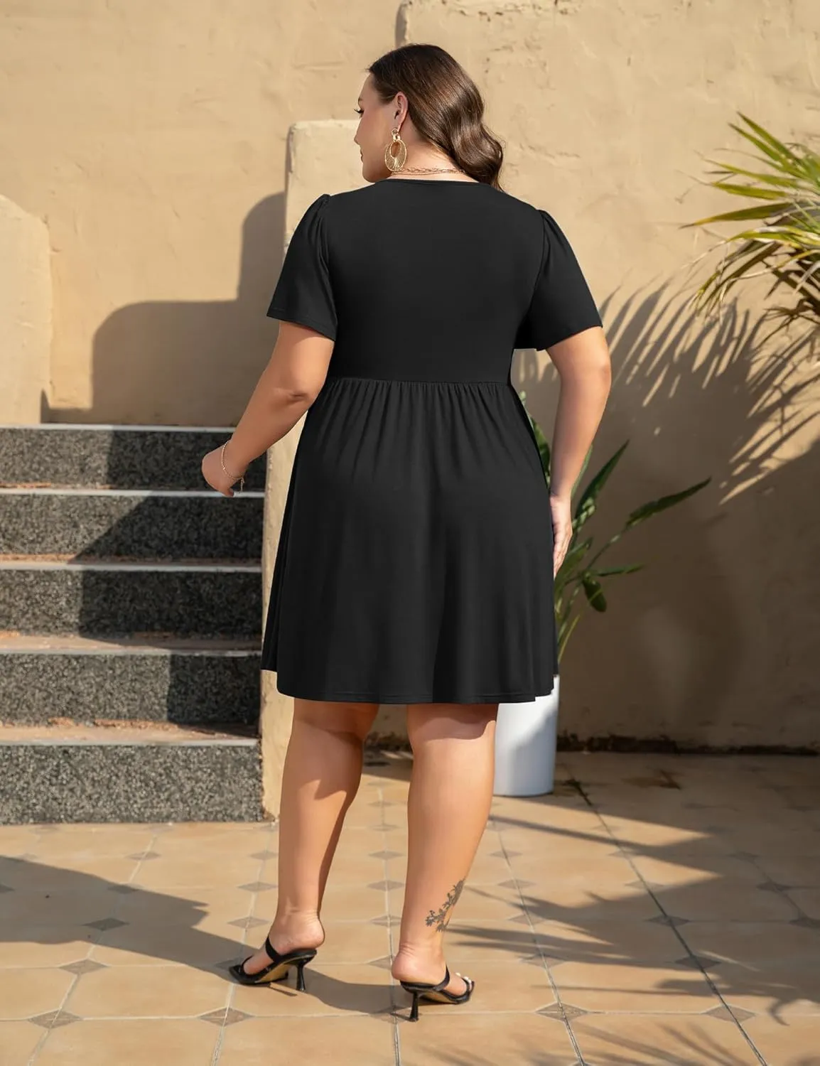 Womens Plus Size Summer Dress Casual Short Sleeves Deep V Neck Twist Knot Front Flowy Dress with Pocket