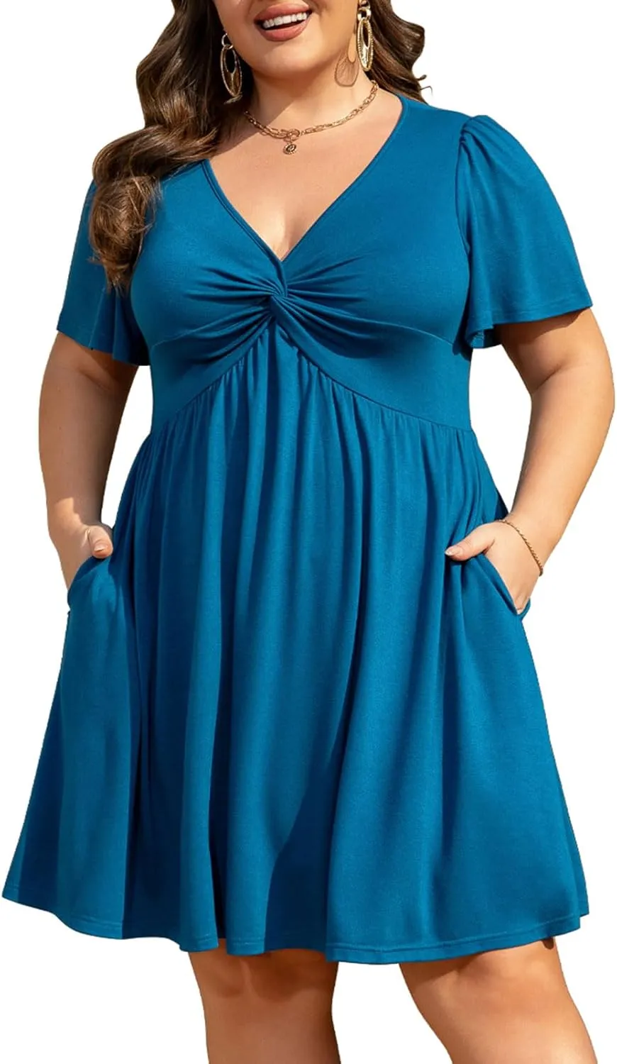 Womens Plus Size Summer Dress Casual Short Sleeves Deep V Neck Twist Knot Front Flowy Dress with Pocket