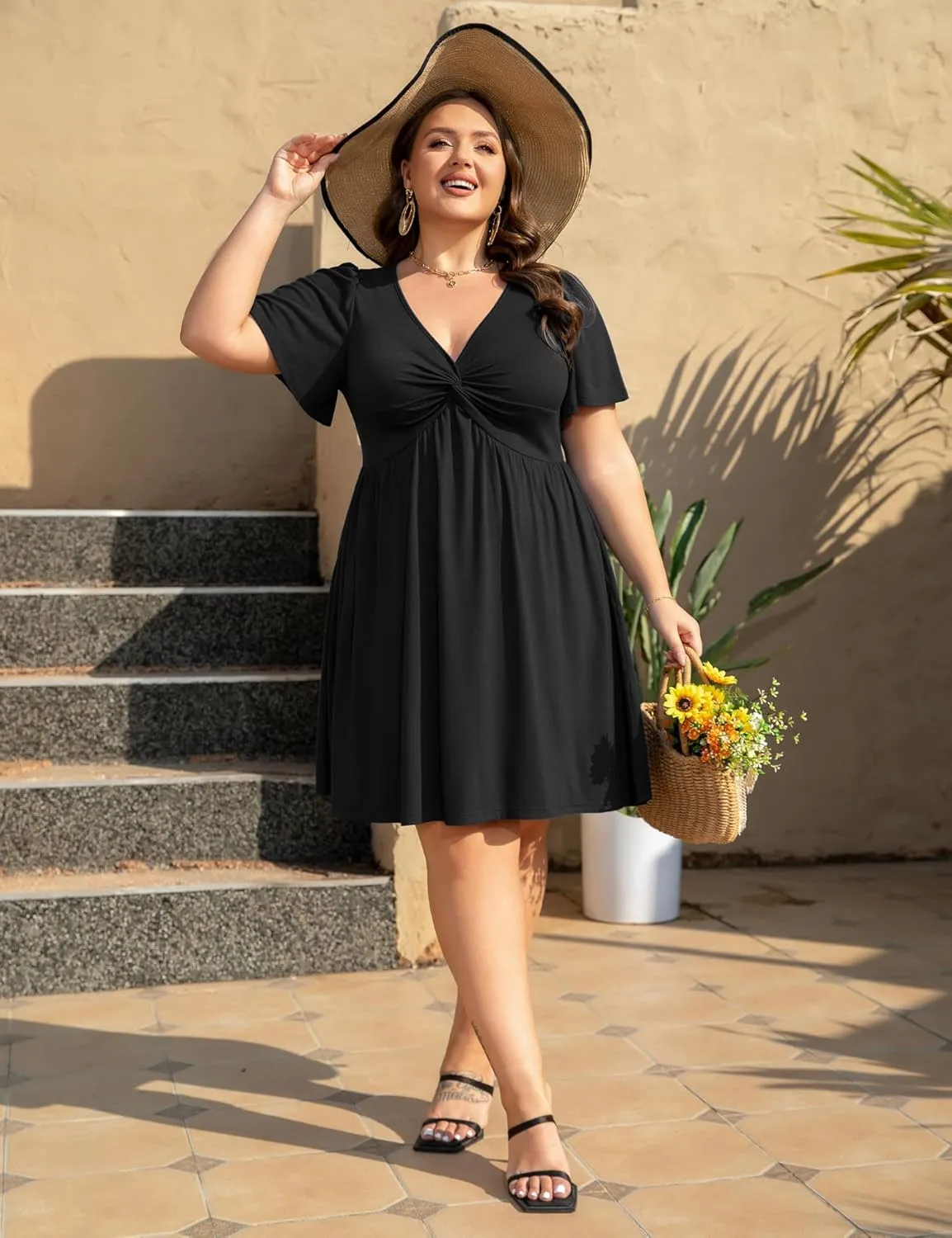 Womens Plus Size Summer Dress Casual Short Sleeves Deep V Neck Twist Knot Front Flowy Dress with Pocket
