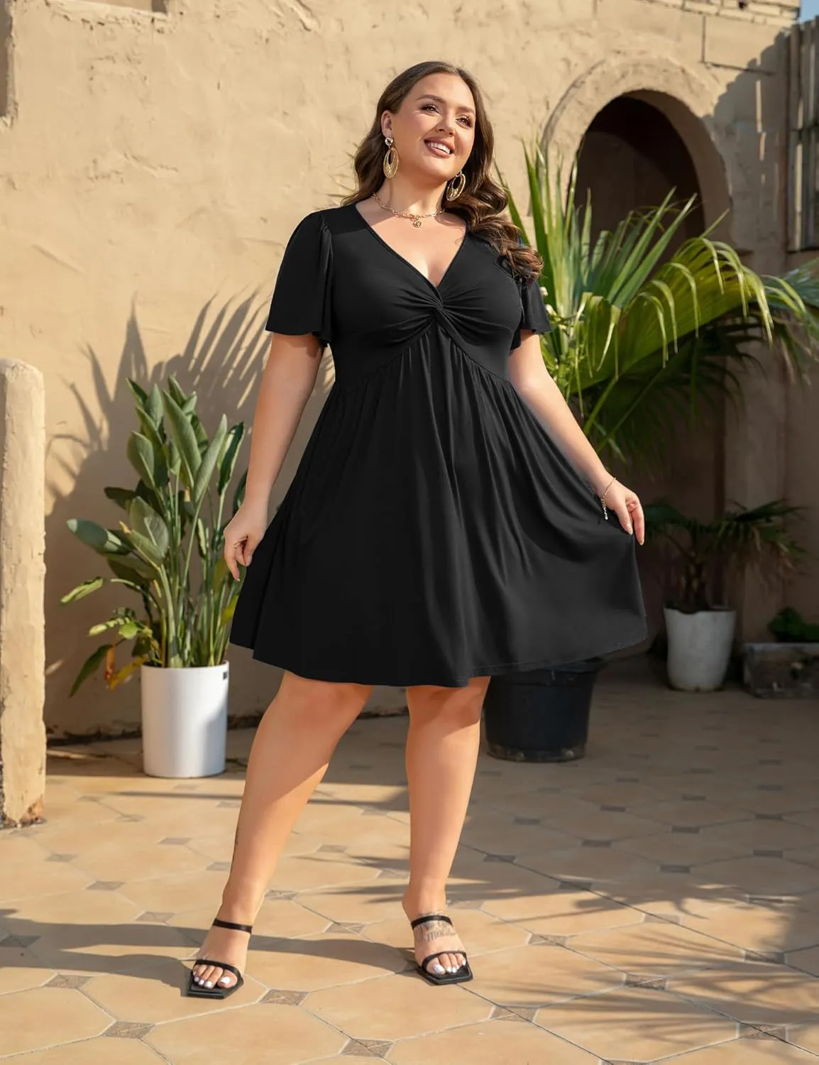 Womens Plus Size Summer Dress Casual Short Sleeves Deep V Neck Twist Knot Front Flowy Dress with Pocket