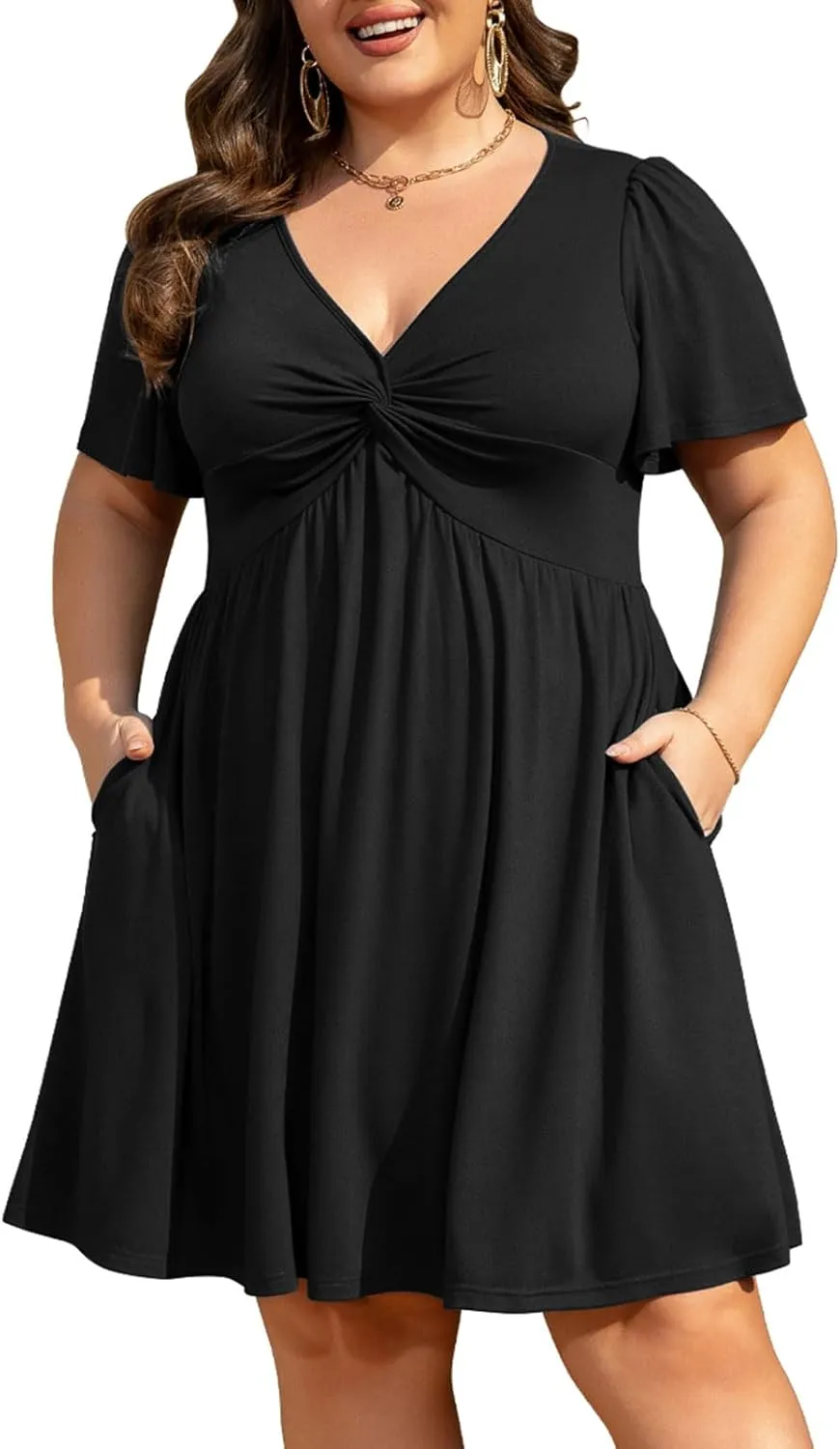 Womens Plus Size Summer Dress Casual Short Sleeves Deep V Neck Twist Knot Front Flowy Dress with Pocket