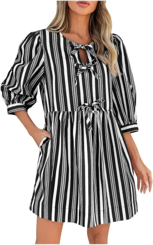 Women's Puff Sleeve Mini Dress Summer Casual Bow Tie Crewneck Striped Loose Flowy Beach Dresses Trendy 2025 Outfits