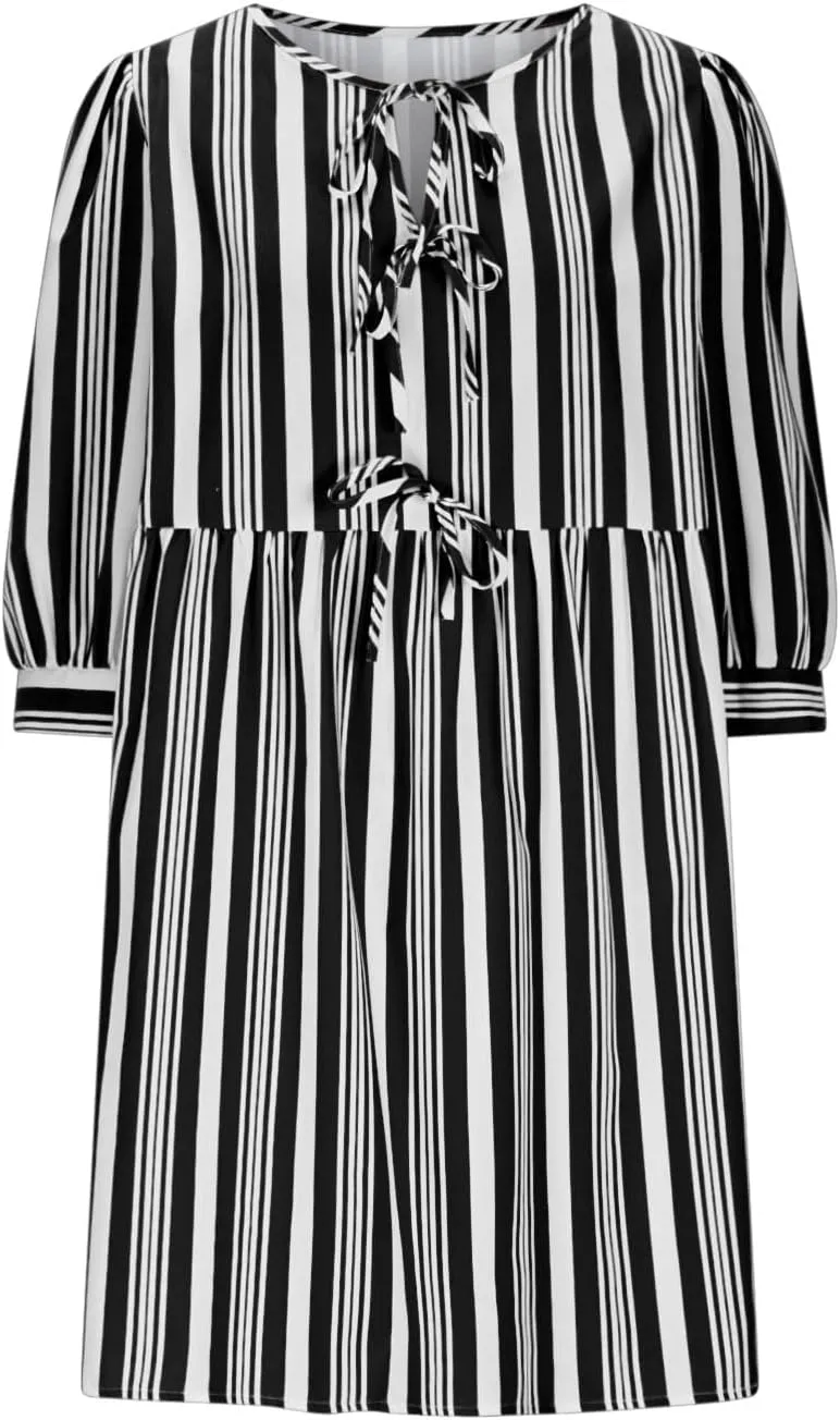 Women's Puff Sleeve Mini Dress Summer Casual Bow Tie Crewneck Striped Loose Flowy Beach Dresses Trendy 2025 Outfits