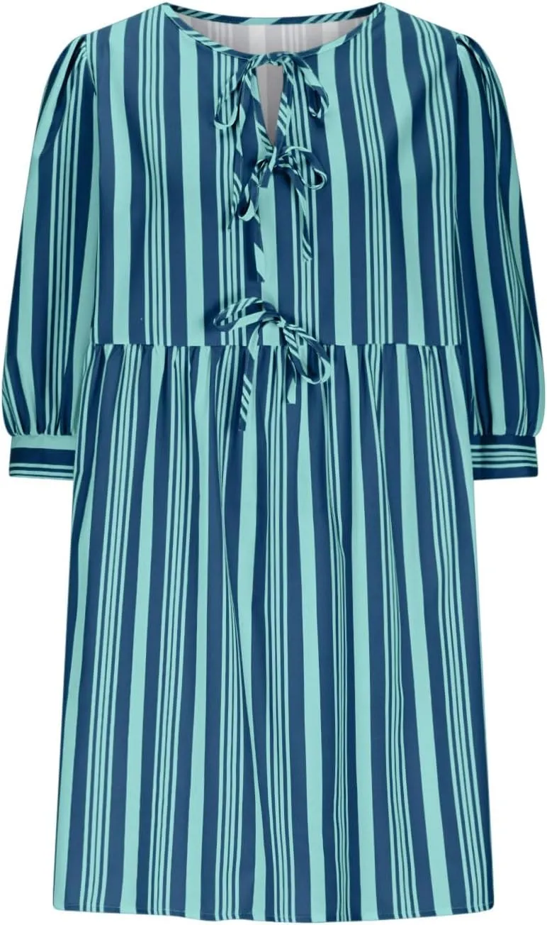 Women's Puff Sleeve Mini Dress Summer Casual Bow Tie Crewneck Striped Loose Flowy Beach Dresses Trendy 2025 Outfits