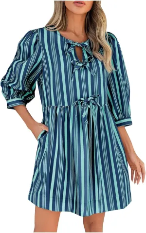 Women's Puff Sleeve Mini Dress Summer Casual Bow Tie Crewneck Striped Loose Flowy Beach Dresses Trendy 2025 Outfits