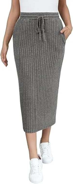 Women's Ribbed Knit Bodycon Maxi Skirt High Waisted Office Pencil Long Skirts Stretchy Mid Length Skirts with Pocket