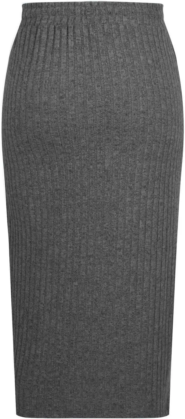Women's Ribbed Knit Bodycon Maxi Skirt High Waisted Office Pencil Long Skirts Stretchy Mid Length Skirts with Pocket