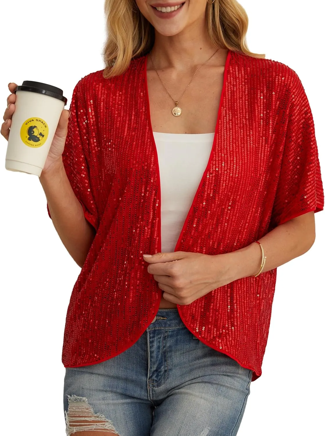 Women's Sequin Sparkle Lightweight Cardigan Casual Party Clubwear Cover Up Glitter Sequin Cardigan