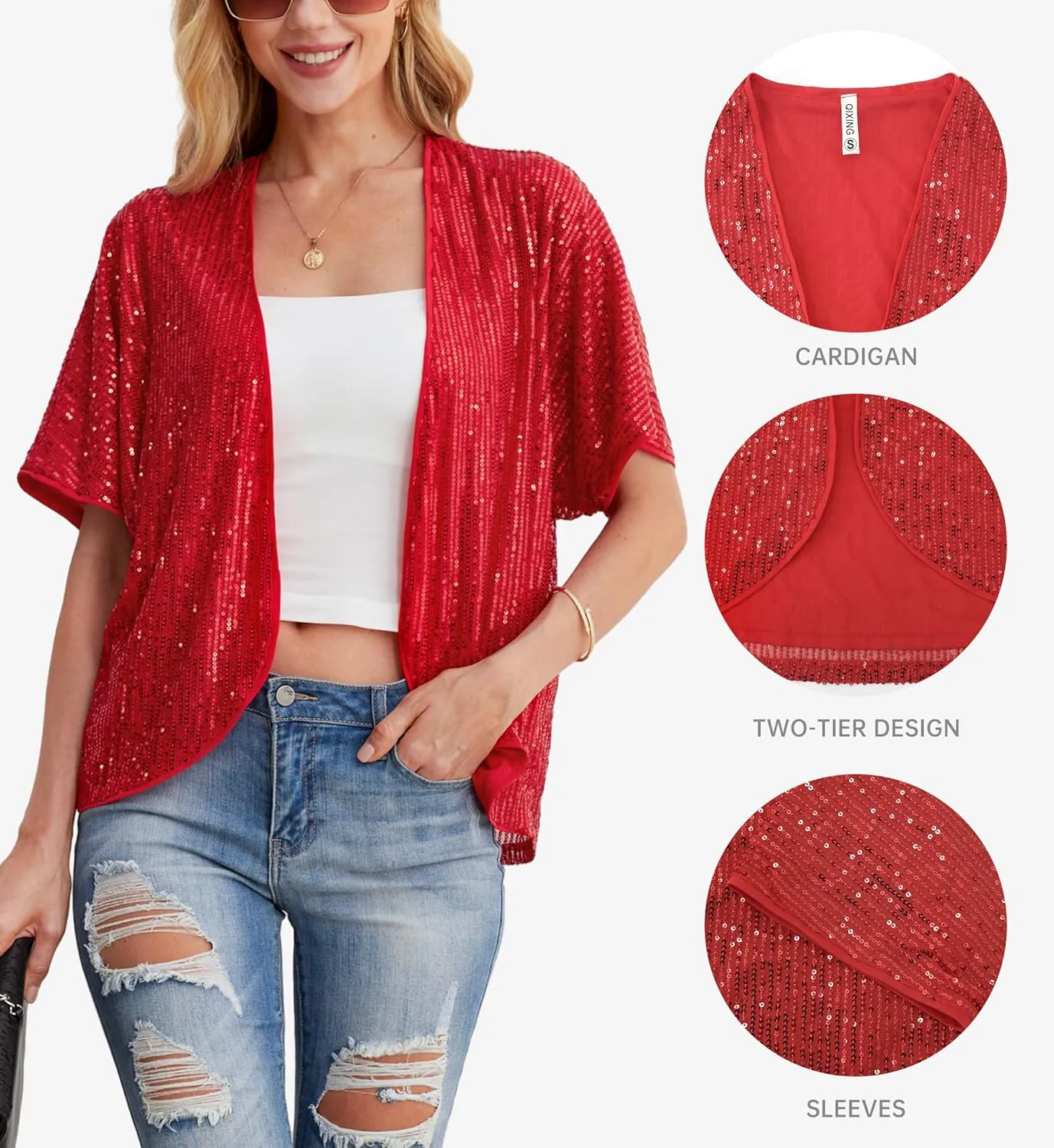 Women's Sequin Sparkle Lightweight Cardigan Casual Party Clubwear Cover Up Glitter Sequin Cardigan