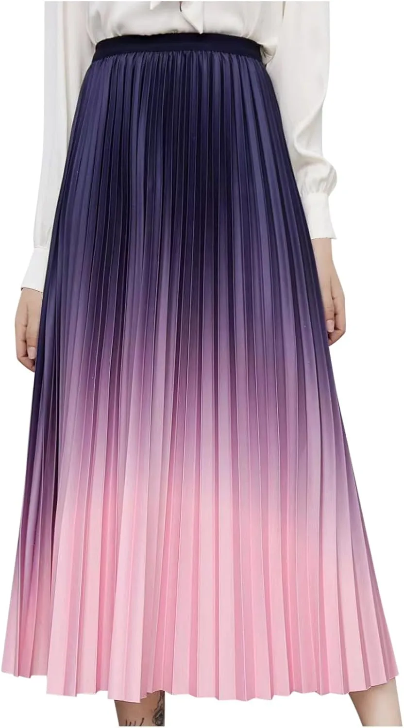 Womens Skirts midi Length Elegant Pleated Midi Skirt Fashion High Waisted Flowy Skirt Gradient Color Half Skirts