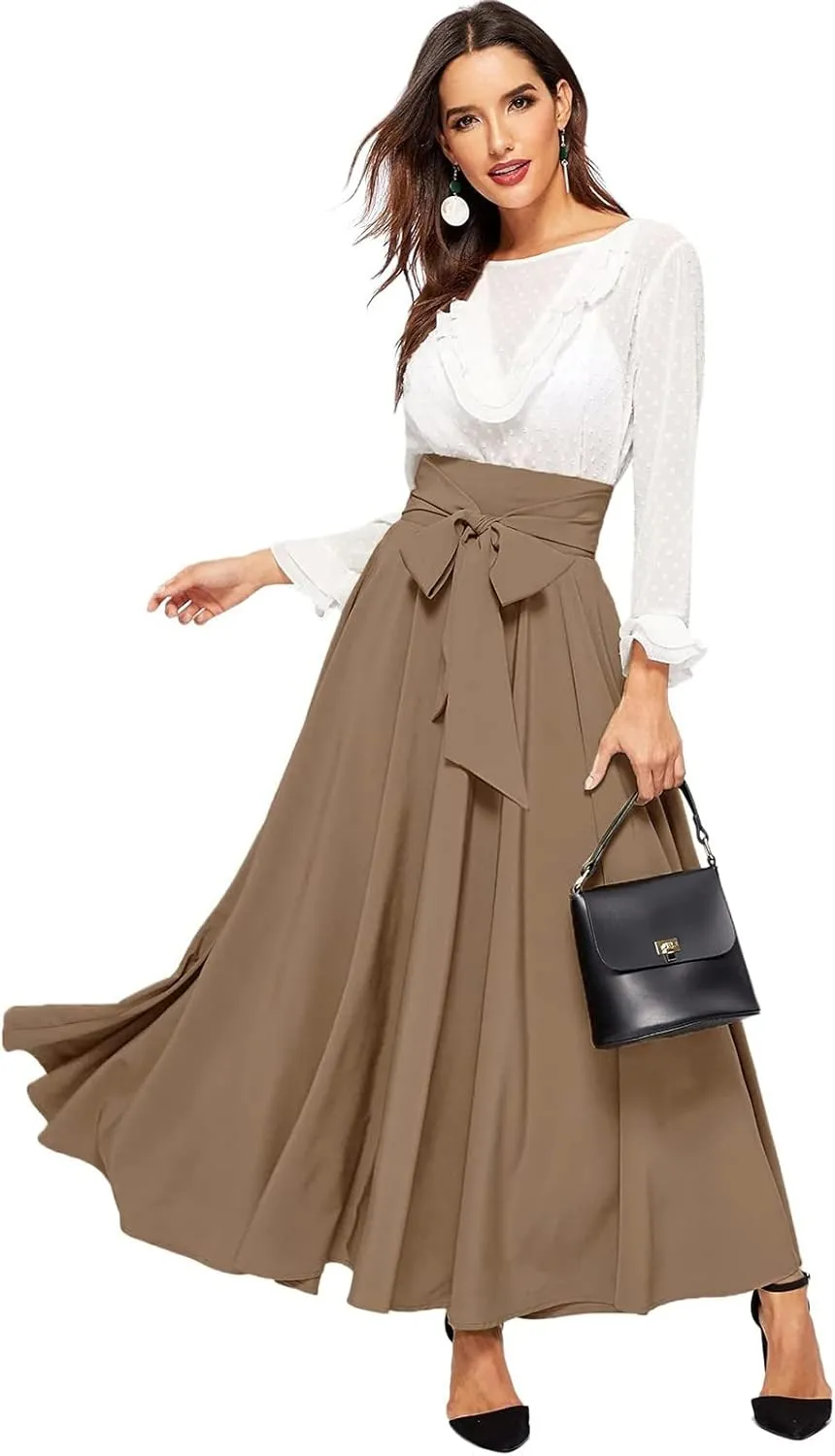Womens Skirts Women Elastic High Waist Boho Maxi Skirt Casual Drawstring A Line Long Skirt Women's Midi Skirt
