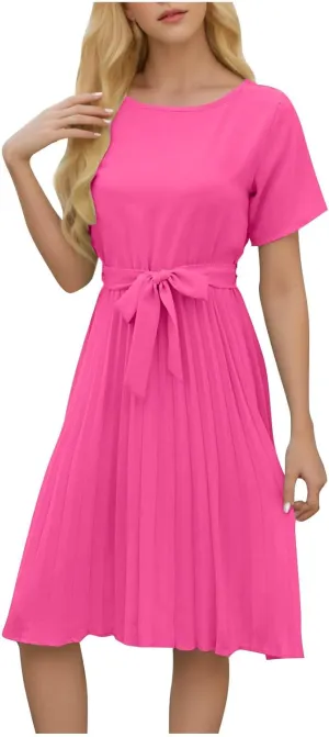 Women's Spring Summer Short Sleeve Midi Dress Casual Crewneck Belted Pleated A Line Flowy Party Dresses