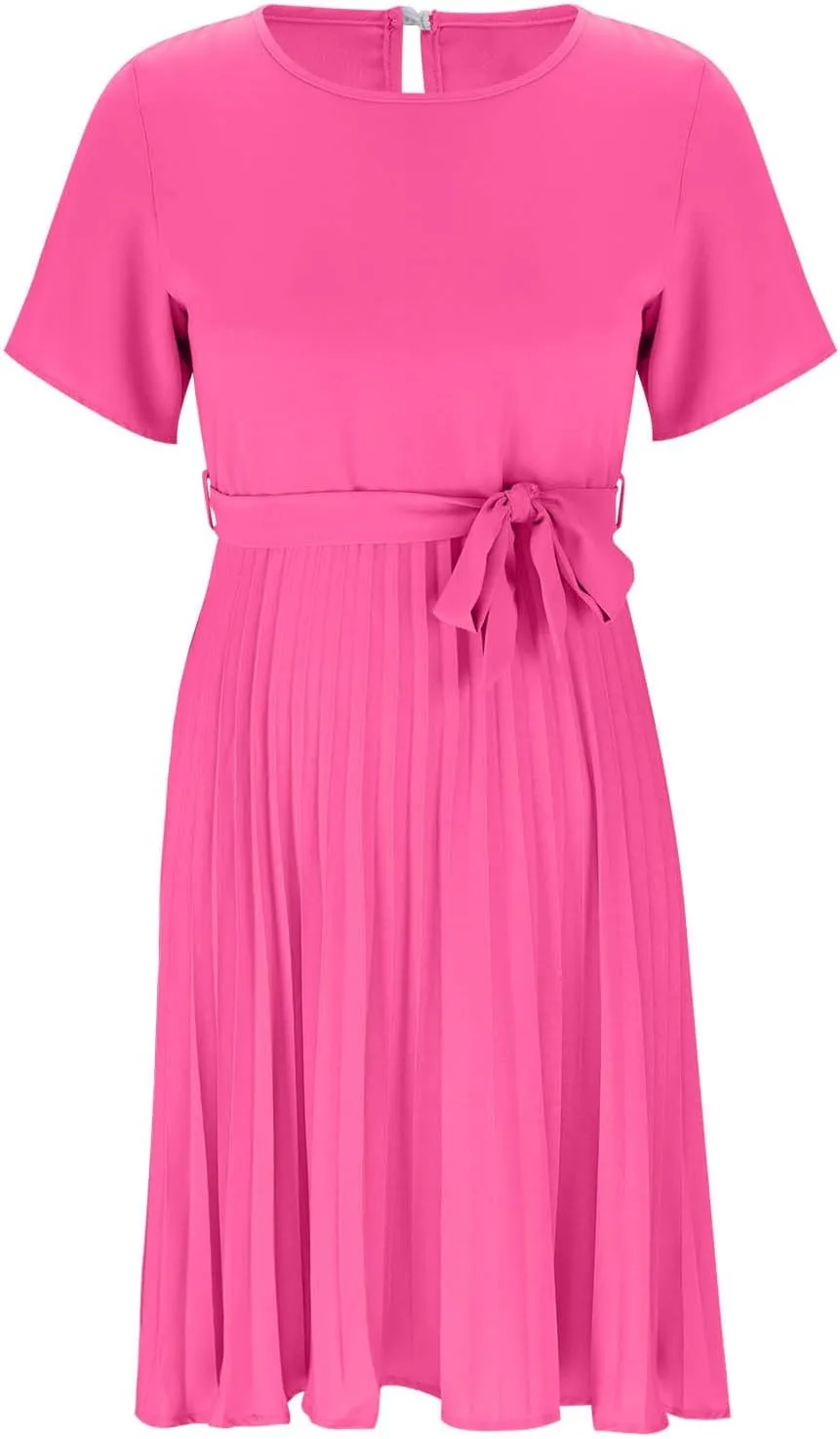 Women's Spring Summer Short Sleeve Midi Dress Casual Crewneck Belted Pleated A Line Flowy Party Dresses
