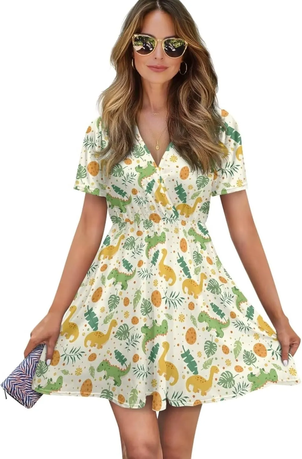 Womens Summer Dresses 2025 Loose V Neck Short Sleeve Sundresses S-2XL