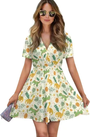 Womens Summer Dresses 2025 Loose V Neck Short Sleeve Sundresses S-2XL