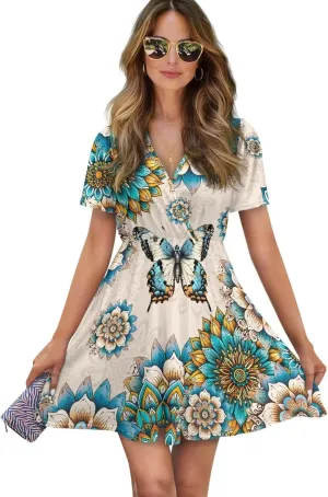 Womens Summer Dresses 2025 Loose V Neck Short Sleeve Sundresses S-2XL